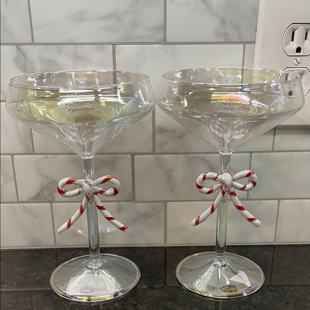 Iridescent Candy Cane Bow Coupe Martini Glasses Set of 2